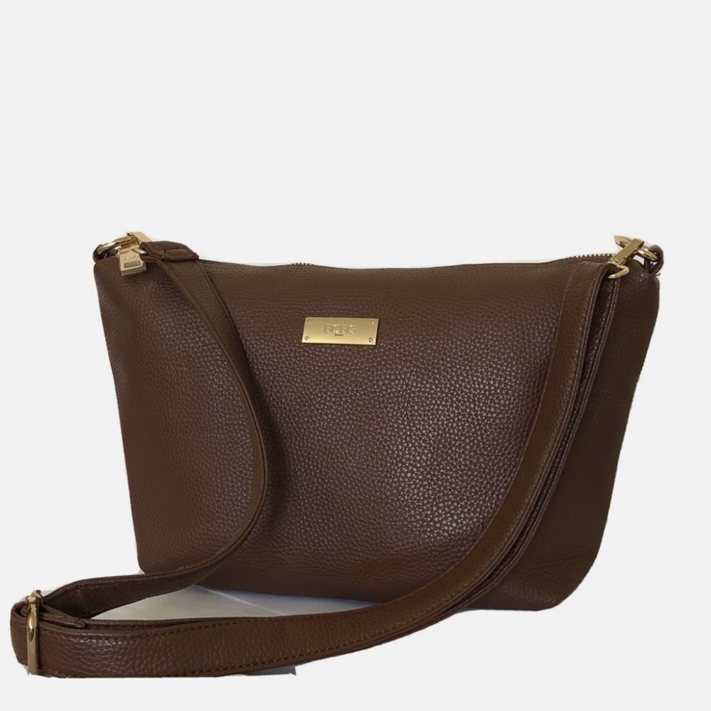 BCBG Paris Pebbled Brown Polyurethane Gold Accent Top Zip Shoulder Bag